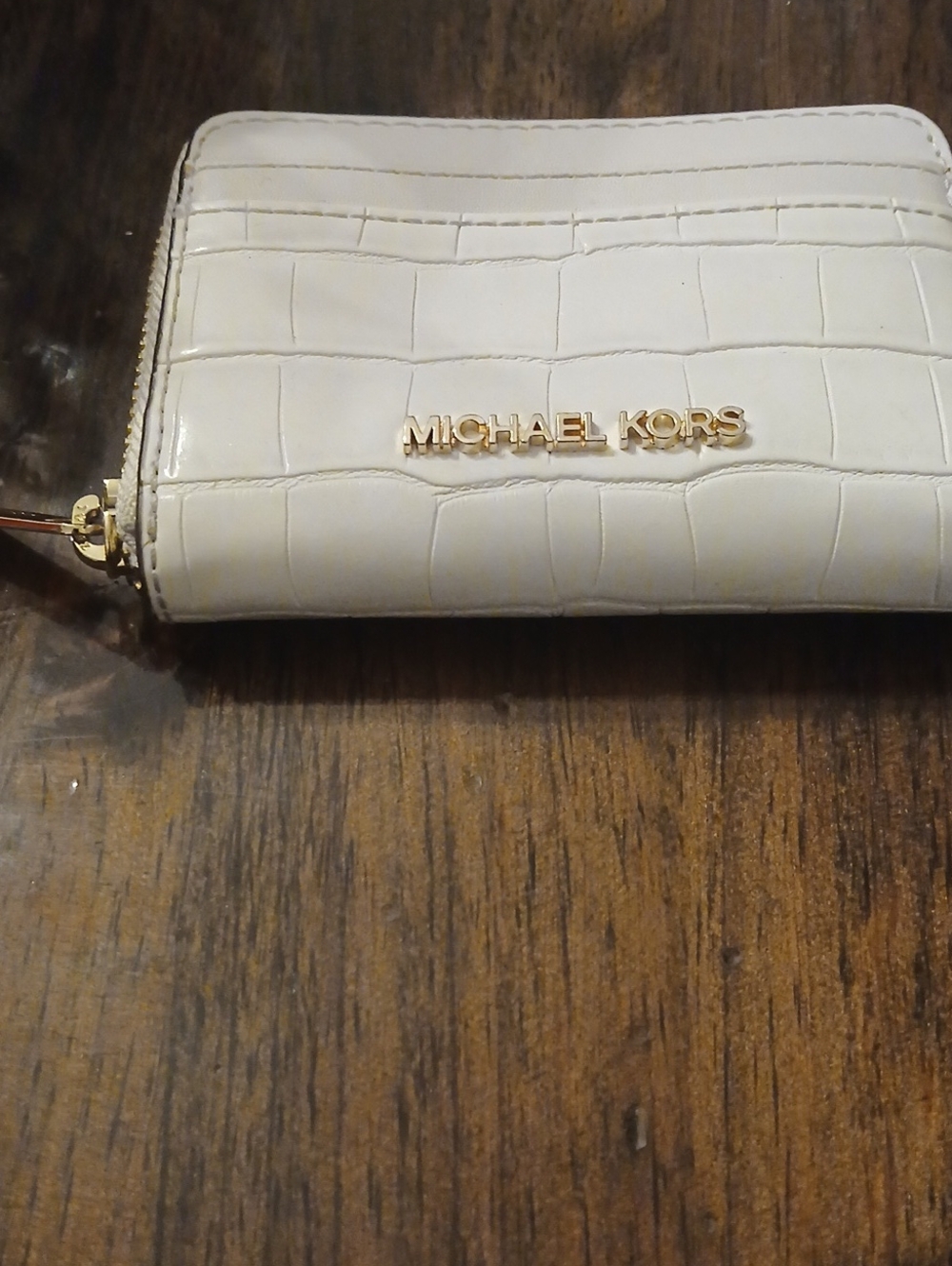 Michael Kors Cream Croc-Embossed Zip-Around Wallet with Gold Logo
